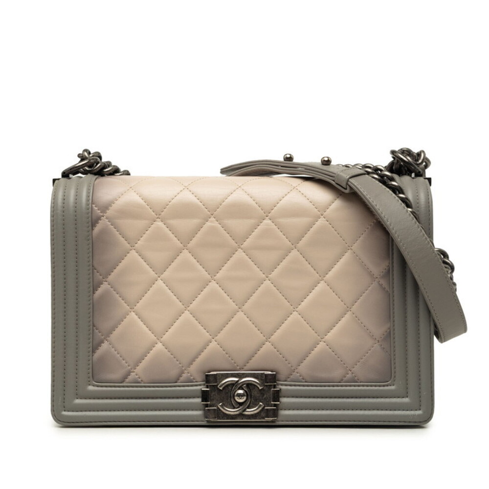 Chanel Coco Mark Boy Matelassé Chain Shoulder Bag A92193 Gray Beige Lambskin ...